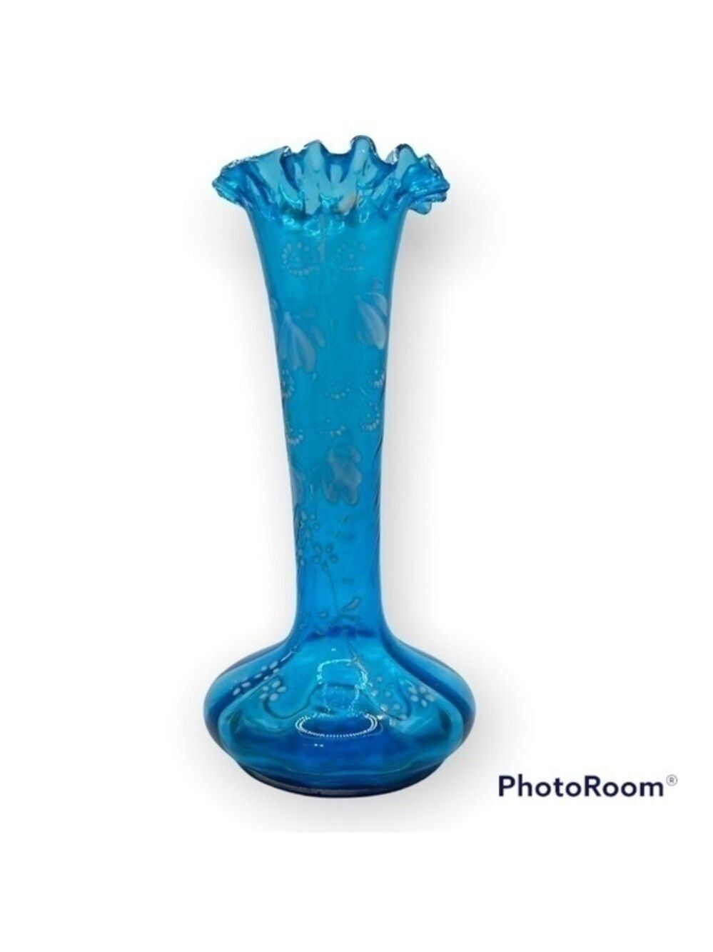 ANTIQUE Hand Painted Victorian Blue Hand-Blown Glass Bud Vase